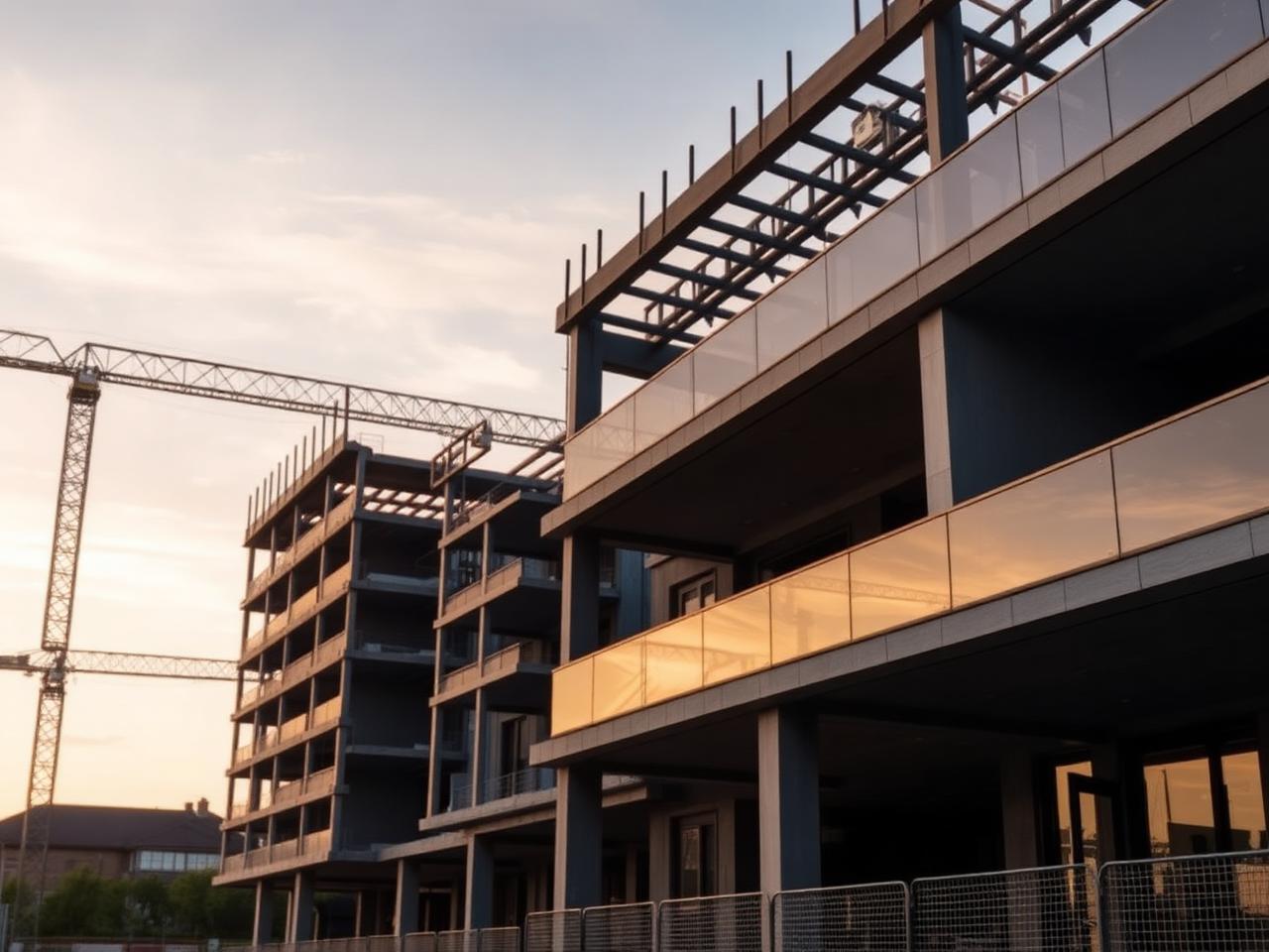 Property development construction site at golden hour