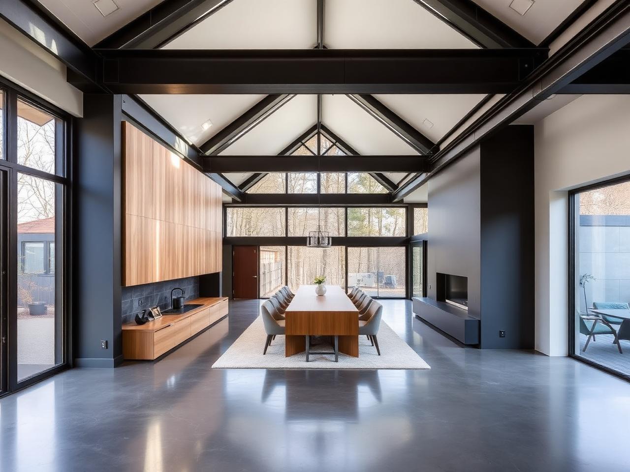 Renovated modern interior with exposed steel beams